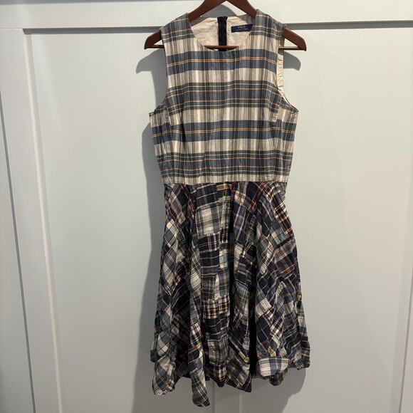 Ralph Lauren Dress Women 12 Blue Plaid Madras Patchwork Pockets Boho Preppy - Picture 1 of 14